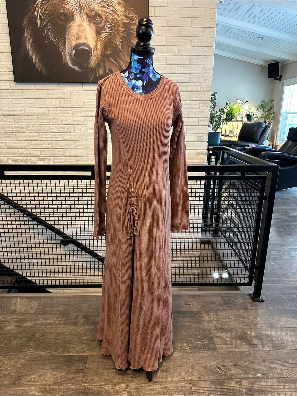 FP Long Sleeve Textured Maxi Dress with Side Lace Detail - mauve
